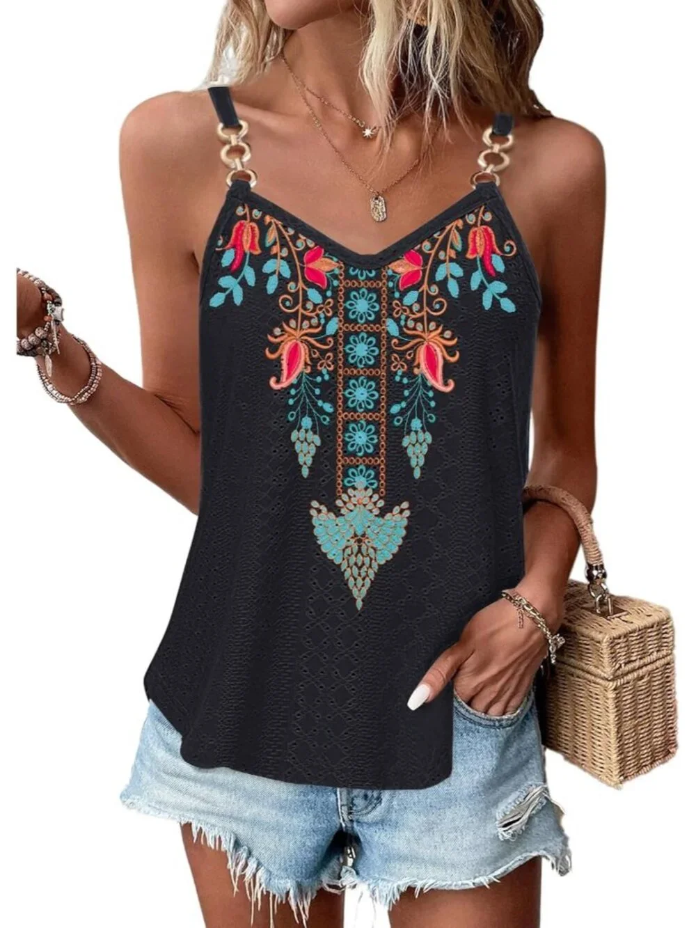 Women's Black Tank Tops Eyelet Sleeveless Spaghetti Strap Sexy Loose Fit Summer - Picture 5 of 5